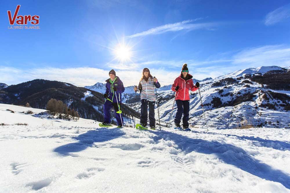 Drei Schneeschuhwanderer mit Bergpanorama