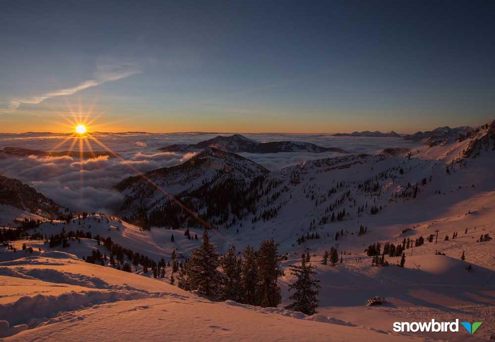 Das Skigebiet bei Sonnenuntergang